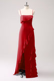 Tahiti Esparguete Alças Chiffon Vestido Longo Madrinha com Folhos