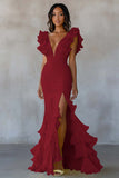 Sereia Amarela V-Neck Tiered Vestido Formal Longo com Folhos Fenda