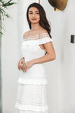 Vestido de festa de noivado Boho longo em camadas branco com renda