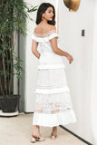 Vestido de festa de noivado Boho longo em camadas branco com renda