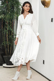Branco Boho mangas compridas vestido de festa de noivado com renda