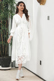 Branco Boho mangas compridas vestido de festa de noivado com renda