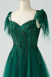 Verde Escuro A-Line Espaghetti Correias Tulle Long Prom Dress com Missangas