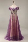 Sparkly roxo A-Line Tulle longo vestido de baile