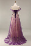 Sparkly roxo A-Line Tulle longo vestido de baile