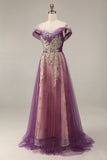 Sparkly roxo A-Line Tulle longo vestido de baile