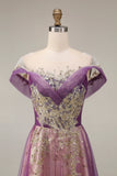 Sparkly roxo A-Line Tulle longo vestido de baile