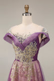 Sparkly roxo A-Line Tulle longo vestido de baile