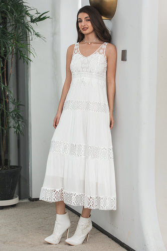 Simples Tea-length Lace White Sleeveless Boho Beach Holiday Dress
