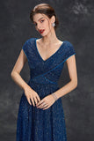 Brilhante A-Line V-Neck cinza azul longo vestido formal