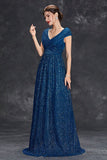 Brilhante A-Line V-Neck cinza azul longo vestido formal