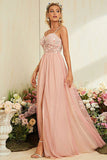 A-Line Espaghetti Correias Blush Prom Dress com Fenda