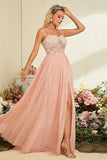 A-Line Espaghetti Correias Blush Prom Dress com Fenda