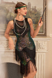 Glitter Preto Verde Sequins Fringes 1920s Gatsby Vestido