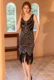 Brilhante Preto Bainha Dourada Sequins 1920s Flapper Dress with Fringe