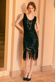 Brilhante Preto Bainha Dourada Sequins 1920s Flapper Dress with Fringe