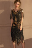 Sparkly Preto Dourado Mangas Curtas V-neck Sequins 1920s Gatsby Vestido com Franjas