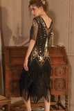 Sparkly Preto Dourado Mangas Curtas V-neck Sequins 1920s Gatsby Vestido com Franjas