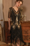 Sparkly Preto Dourado Mangas Curtas V-neck Sequins 1920s Gatsby Vestido com Franjas