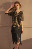 Sparkly Preto Dourado Mangas Curtas V-neck Sequins 1920s Gatsby Vestido com Franjas