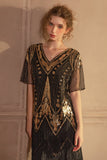 Sparkly Preto Dourado Mangas Curtas V-neck Sequins 1920s Gatsby Vestido com Franjas