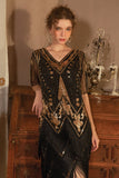 Sparkly Preto Dourado Mangas Curtas V-neck Sequins 1920s Gatsby Vestido com Franjas