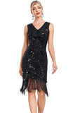 Sparkly Black Sequins V-Neck 1920s Flapper Vestido com franjas