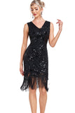 Sparkly Black Sequins V-Neck 1920s Flapper Vestido com franjas