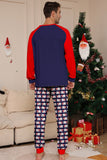 Conjunto de pijama familiar de decote redondo e mangas longas, decote redondo azul-marinho