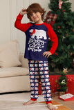 Conjunto de pijama familiar de decote redondo e mangas longas, decote redondo azul-marinho