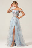 Ombro frio A-Line azul estampado vestido de baile de espartilho longo com fenda