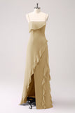 Tahiti Esparguete Alças Chiffon Vestido Longo Madrinha com Folhos