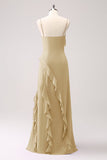 Tahiti Esparguete Alças Chiffon Vestido Longo Madrinha com Folhos