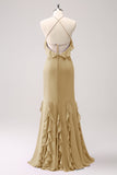 Halter Tahiti Sereia Chiffon Vestido Madrinha com Folhos