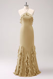 Halter Tahiti Sereia Chiffon Vestido Madrinha com Folhos