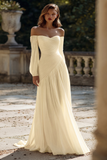 Vestido de Noiva Comprido em Chiffon Marfim com Ombros a Ombro e Linha-A
