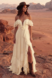 Vestido de Noiva Maxi Beach de Linha A em Marfim com Folhos
