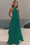 Vestido de Noivado Longo Sem Mangas com Decote Halter e Linha-A na cor Marfim