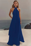 Vestido de Noivado Longo Sem Mangas com Decote Halter e Linha-A na cor Marfim