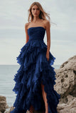 Vestido de Baile Assimétrico Linha-A com Folhos e Camadas Franzidas na cor Fúcsia