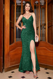 Sparkly Fuchsia Sereia Esparguete Correias V-Neck Lantejoulas Long Prom Dress With Split