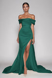 Vestido de Baile com Fenda Cabernet Fora do Ombro Cetim Longo