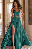 Vestido de Baile Longo com Alças Finas Rosa Linha-A e Fenda