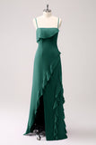 Tahiti Esparguete Alças Chiffon Vestido Longo Madrinha com Folhos