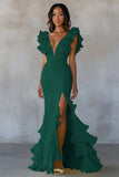 Vestido De Baile com Fenda Amarelo Decote em V Longo Sereia Babados