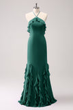 Halter Tahiti Sereia Chiffon Vestido Madrinha com Folhos