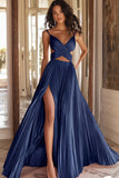 Vestido de Baile Longo com Alças Finas Rosa Linha-A e Fenda