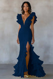 Sereia Amarela V-Neck Tiered Vestido Formal Longo com Folhos Fenda