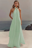 Vestido de Noivado Longo Sem Mangas com Decote Halter e Linha-A na cor Marfim