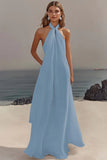 Vestido de Noivado Longo Sem Mangas com Decote Halter e Linha-A na cor Marfim